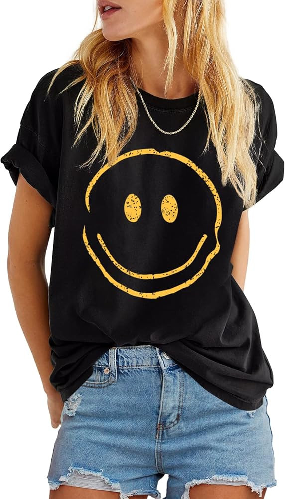ReachMe Womens Summer Cute Smile Face Graphic T-Shirts Trendy Vintage Casual Loose Short Sleeve T... | Amazon (US)