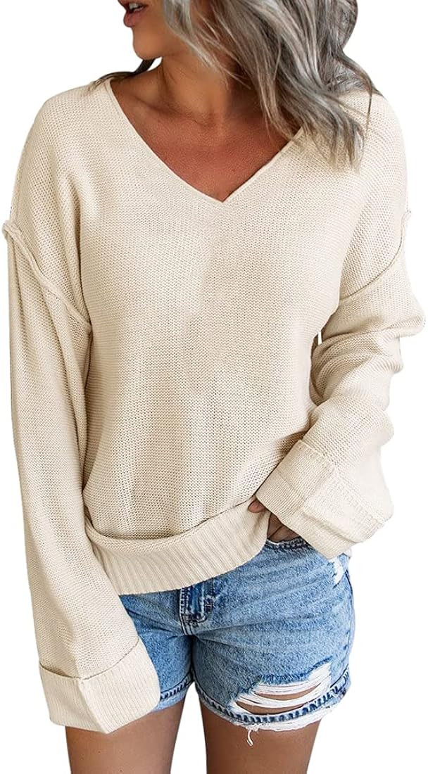 Womens V Neck Lightweight Sweaters Pullover Warm Long Sleeve Loose Casual Tunic Knit Tops | Amazon (US)