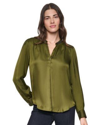 Dkny Women's V-Neck Satin Long-Sleeve Top - Travertine | Macy's