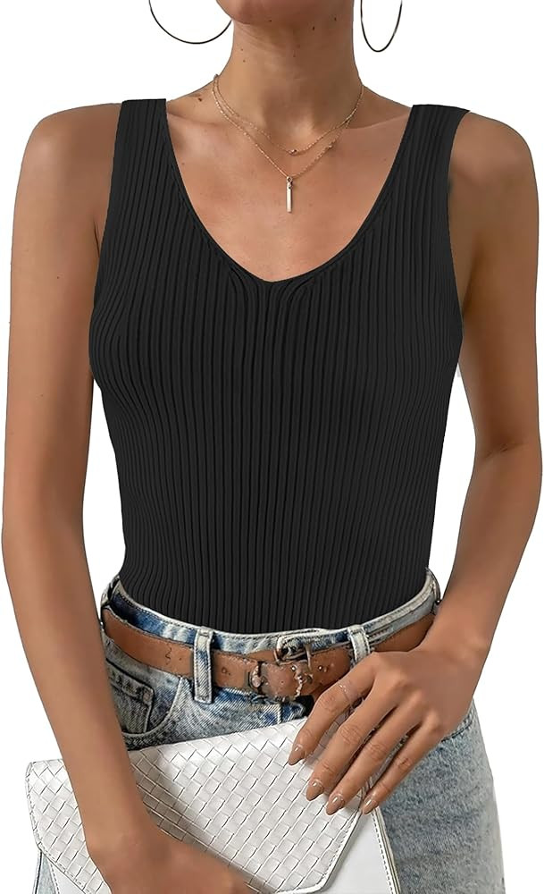 Zeagoo Womens Ribbed Tank Tops 2024 V Neck Slim Fit Knit Sleeveless Shirts Casual Basic Tee | Amazon (US)
