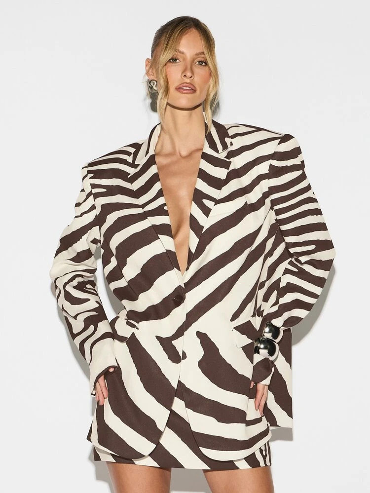 KIZN Zebra Print Blazer Oversized Long Sleeve Button Front Lapel Collar Animal Print Jacket Fall ... | SHEIN
