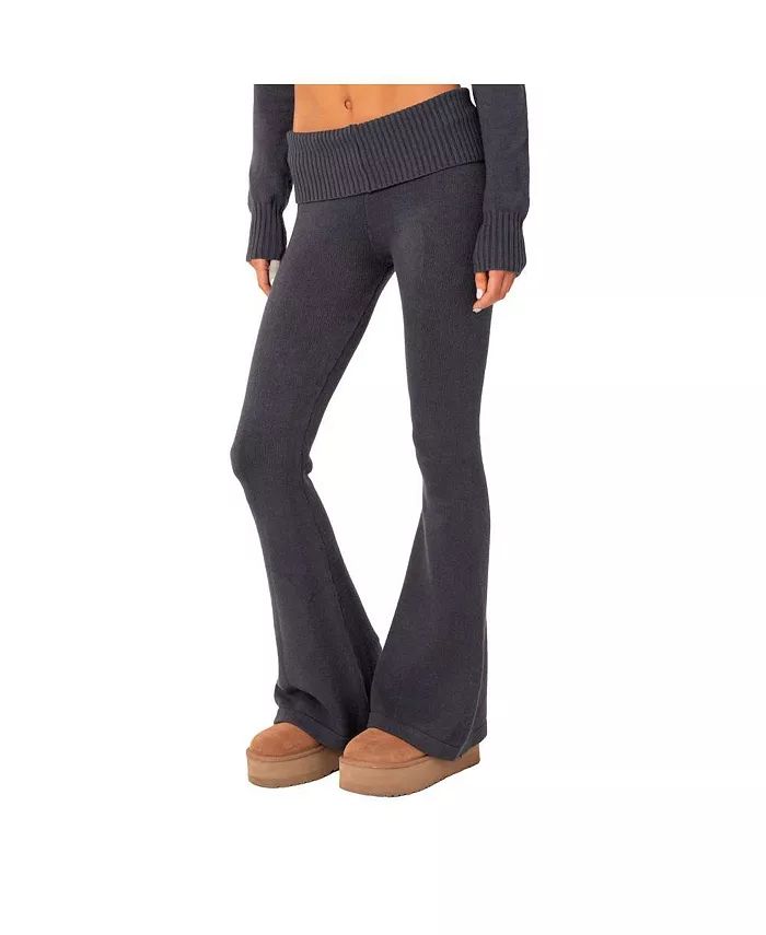 Women's Low Waist Flared Knitted Pants With Fold Over Belt | Macy's