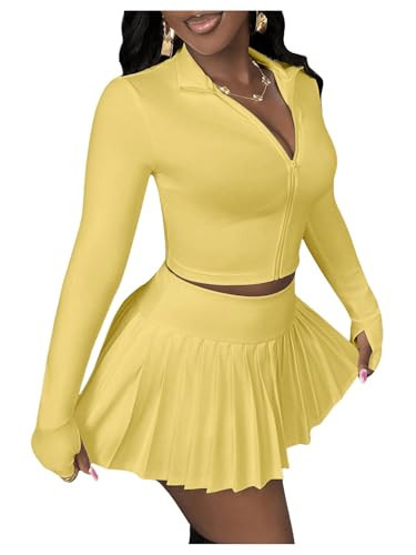 SOLY HUX Women's Skirt Sets 2 Piece Outfits Long Sleeve Crop Top with Pleated Mini Skirt Set Activewear Party Outfits for Women Plain Yellow Small | Amazon (US)