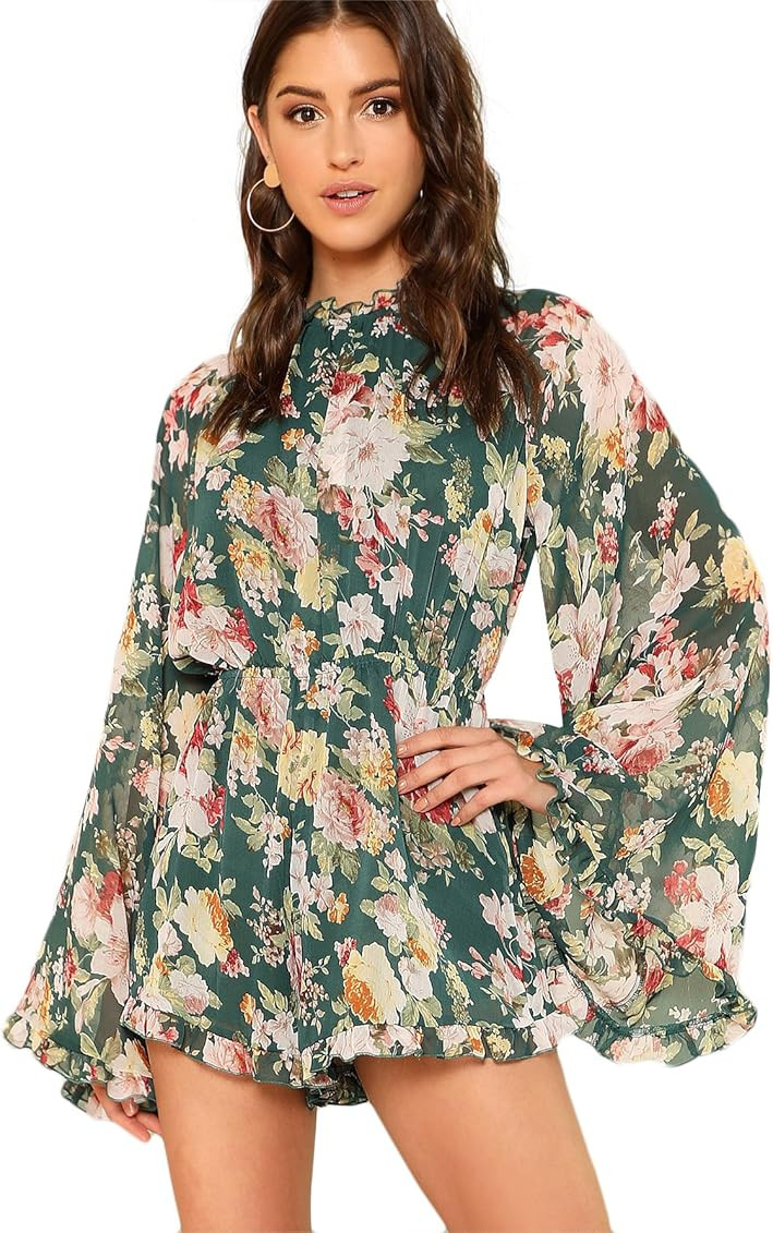 Romwe Women's Floral Printed Ruffle Bell Sleeve Loose Fit Jumpsuit Rompers | Amazon (US)