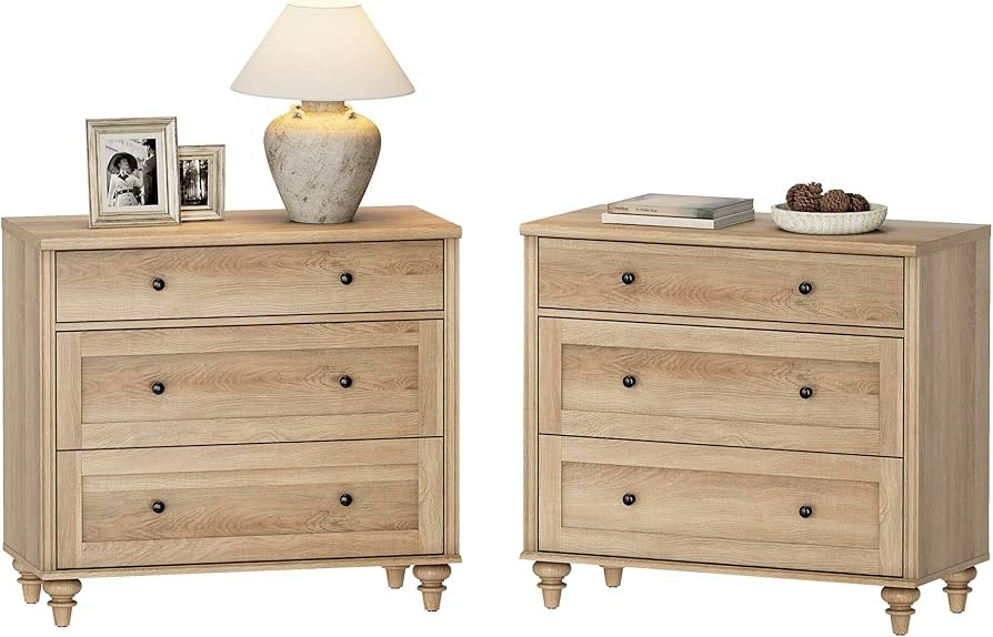 WAMPAT Farmhouse Nightstand with 3 Drawers, Set of 2 Large 3 Drawers Wood Bedside Table Night Sta... | Amazon (US)