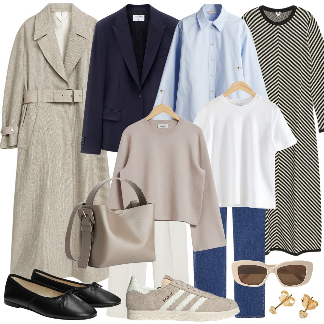 Neutral workwear, soft colours, H&M, Mango, Arket, trenchcoat, ballerinas, ballet flats, Adidas sneakers, Adidas Gazelles, spring dress, white t-shirt, blue shirt styling, navy blazer 

#LTKfindsunder100 #LTKworkwear #LTKstyletip
