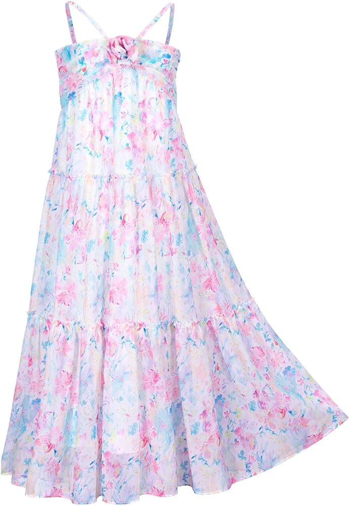 WELAKEN Kid Girls' Floral Dress Flowy Summer Chiffon Spaghetti Straps Ruffle Sundress | Amazon (US)