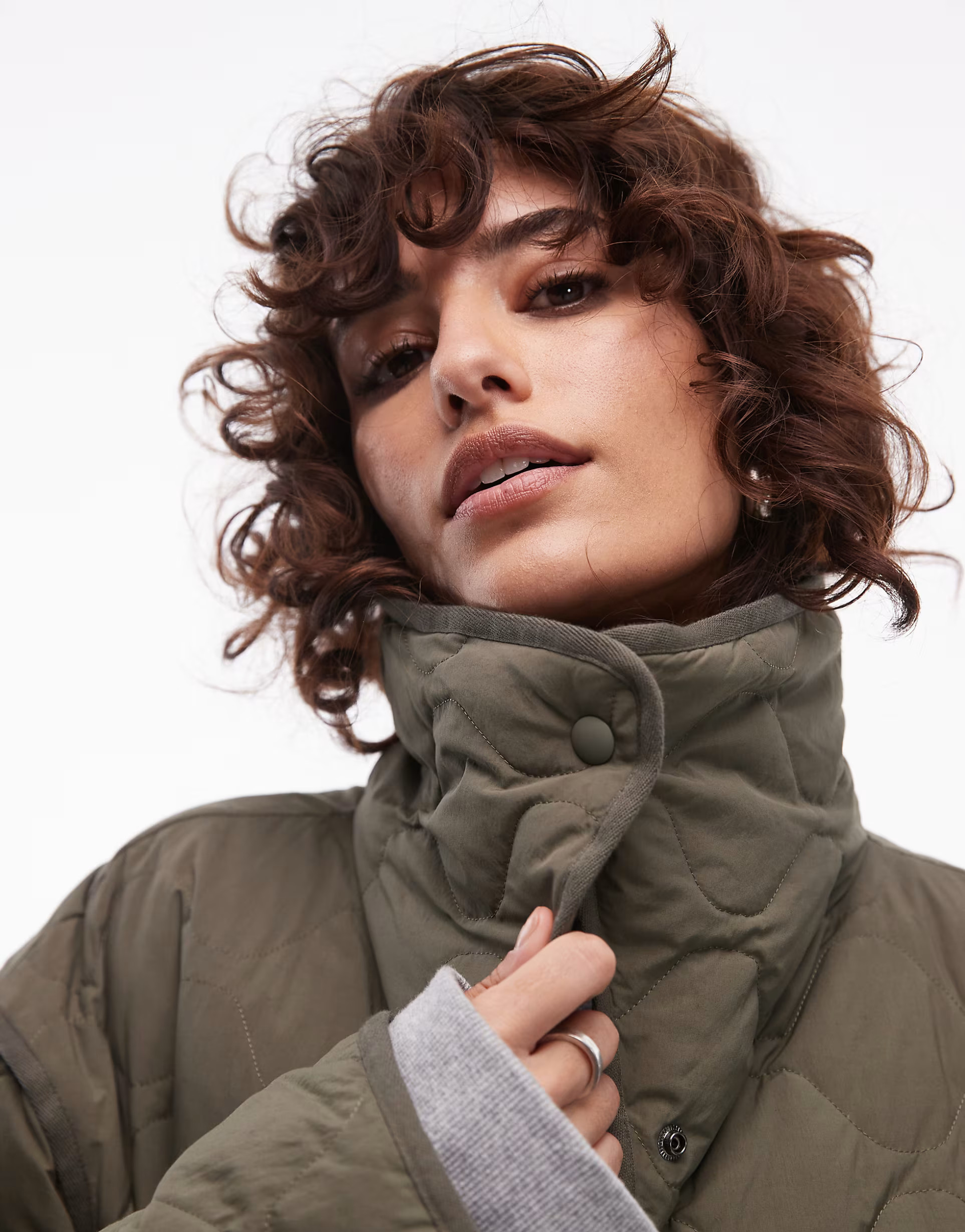 ARKET down quilted oversized midaxi coat with high neck and slit sides in khaki | ASOS (Global)