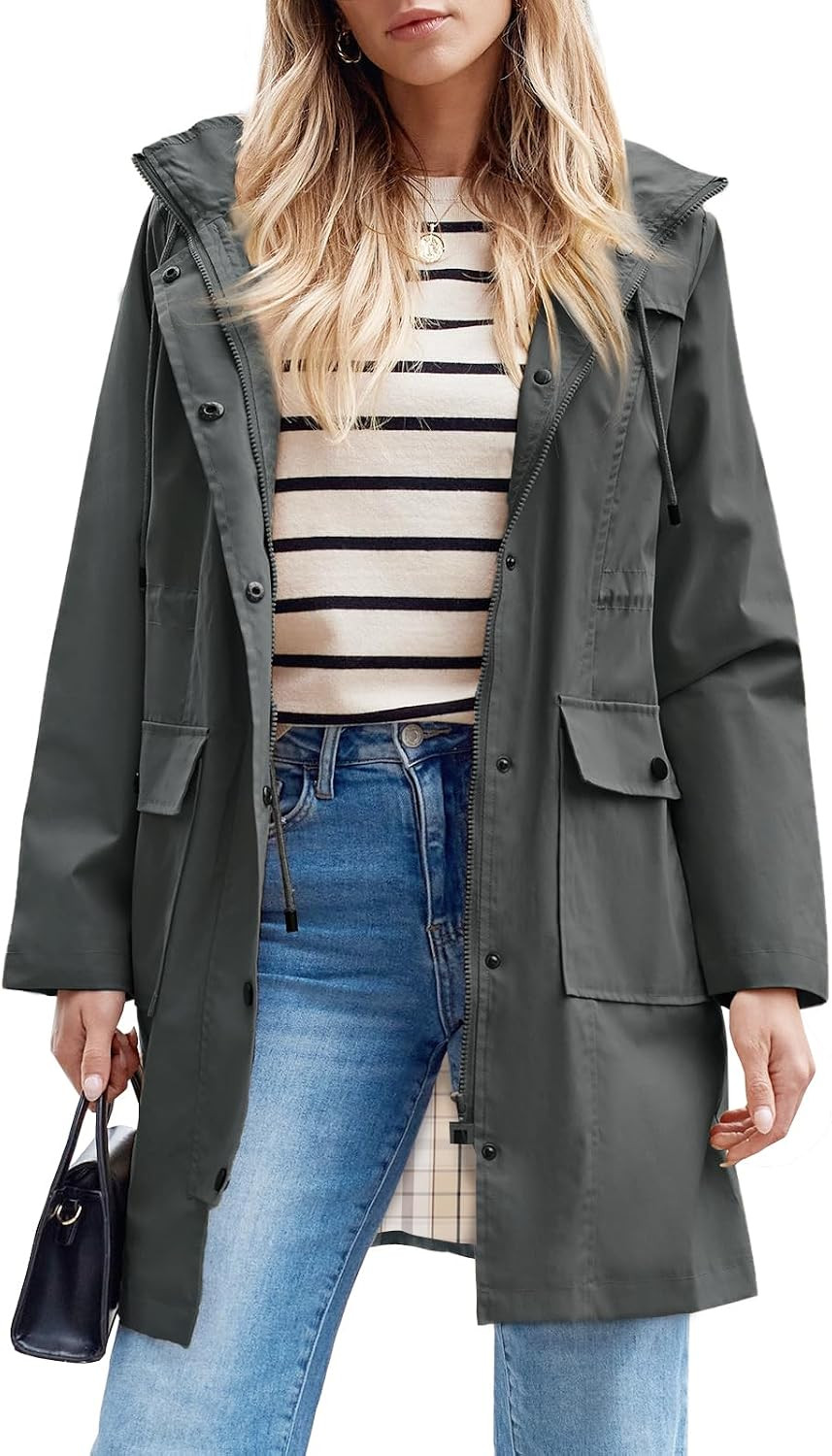 SaphiRose Women's Waterproof Rain Jacket Long Raincoat Hooded Windbreaker Trench Coat | Amazon (US)