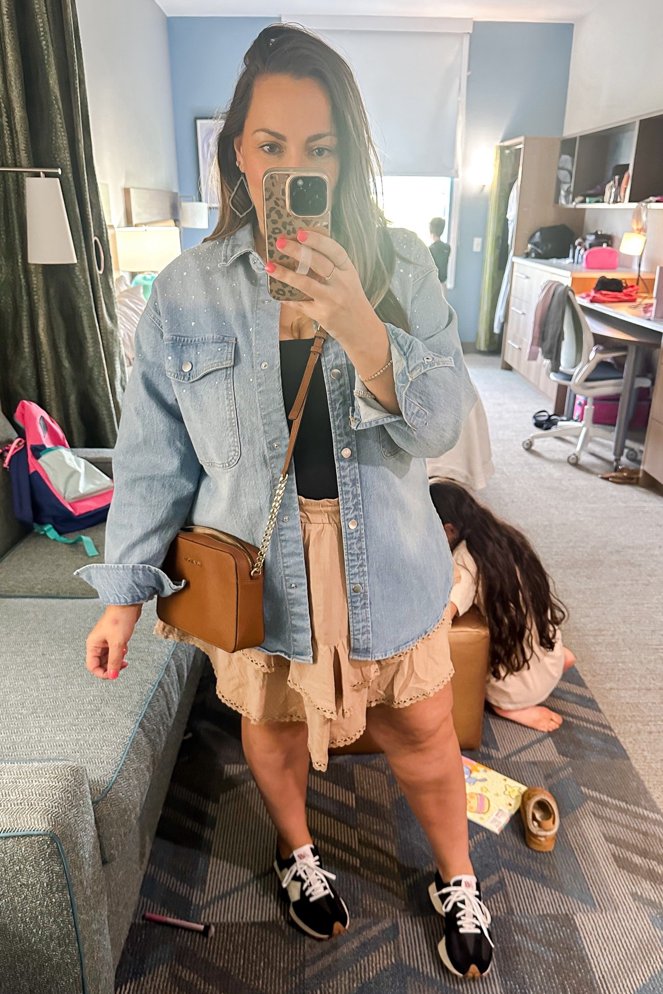 • bodysuit - nuuds (code: Erica33002)
• skort - Amazon
• jacket - Target
• sneakers - New Balance
• earrings - Kendra Scott 
• bracelet - Electric Picks
• bag - Michael Kors

#LTKootd #LTKOver40 #LTKMidsize