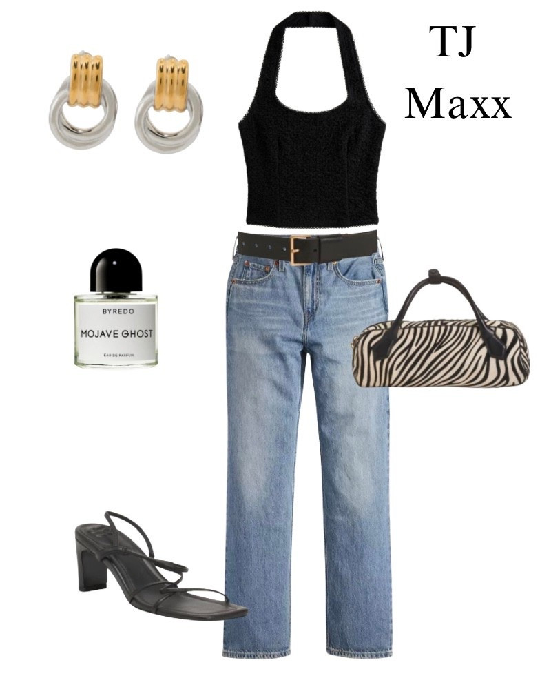 Designer finds at TJ Maxx! Date night outfit, summer, black halter, leather belt, heels, byredo perfume, gold and silver earrings, zebra purse.

#LTKootd #LTKSaleAlert