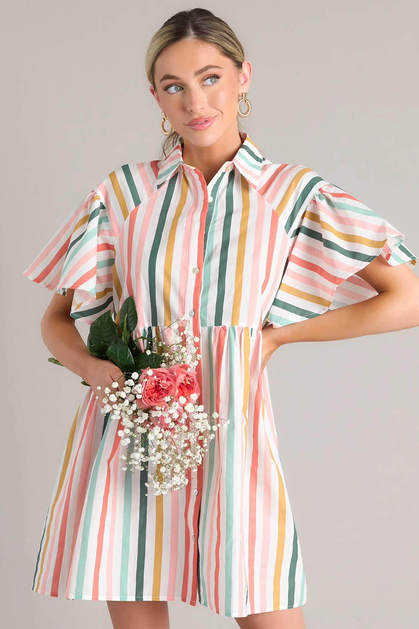 In The Clouds Desert Sage Green Multi Stripe Dress | Red Dress