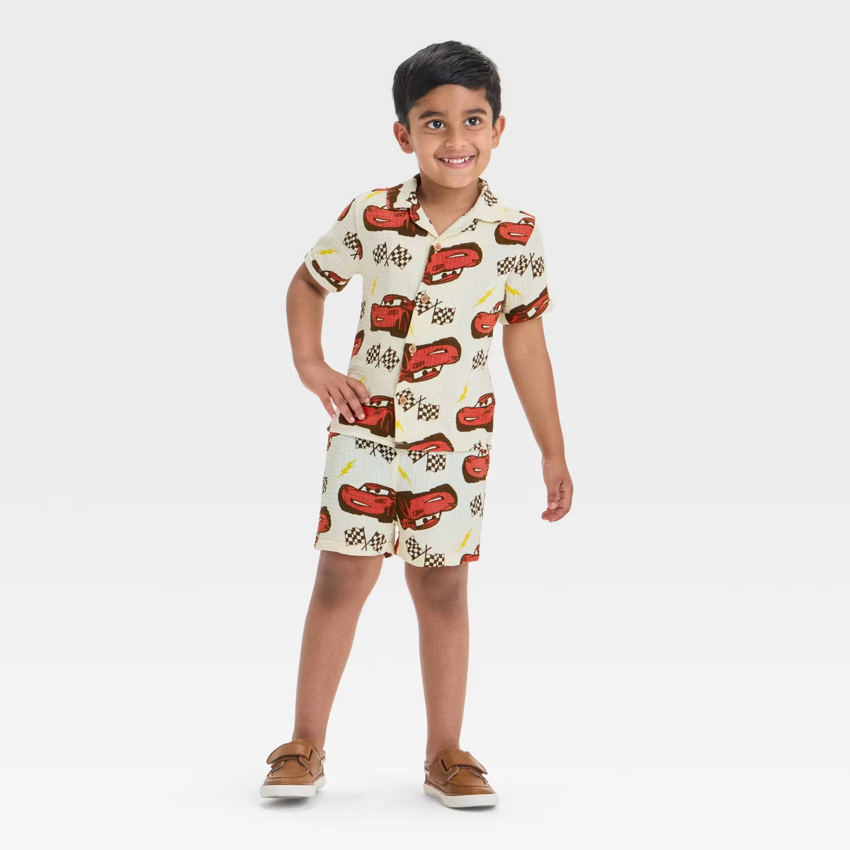 Toddler Boys' 2pc Disney Cars Lightning McQueen Gauze Button-Up Top & Shorts Set - Ivory | Target