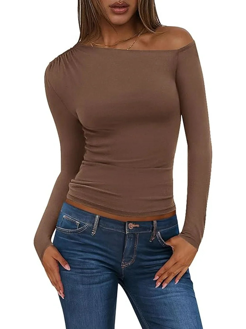 PRETTYGARDEN Women's Long Sleeve Off Shoulder Tops Fall Fashion Ruched Fitted Going Out Shirts Bl... | Walmart (US)