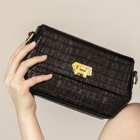 Handmade Croc Black Leather Shoulder Bag With Wide Strap | Etsy (US)