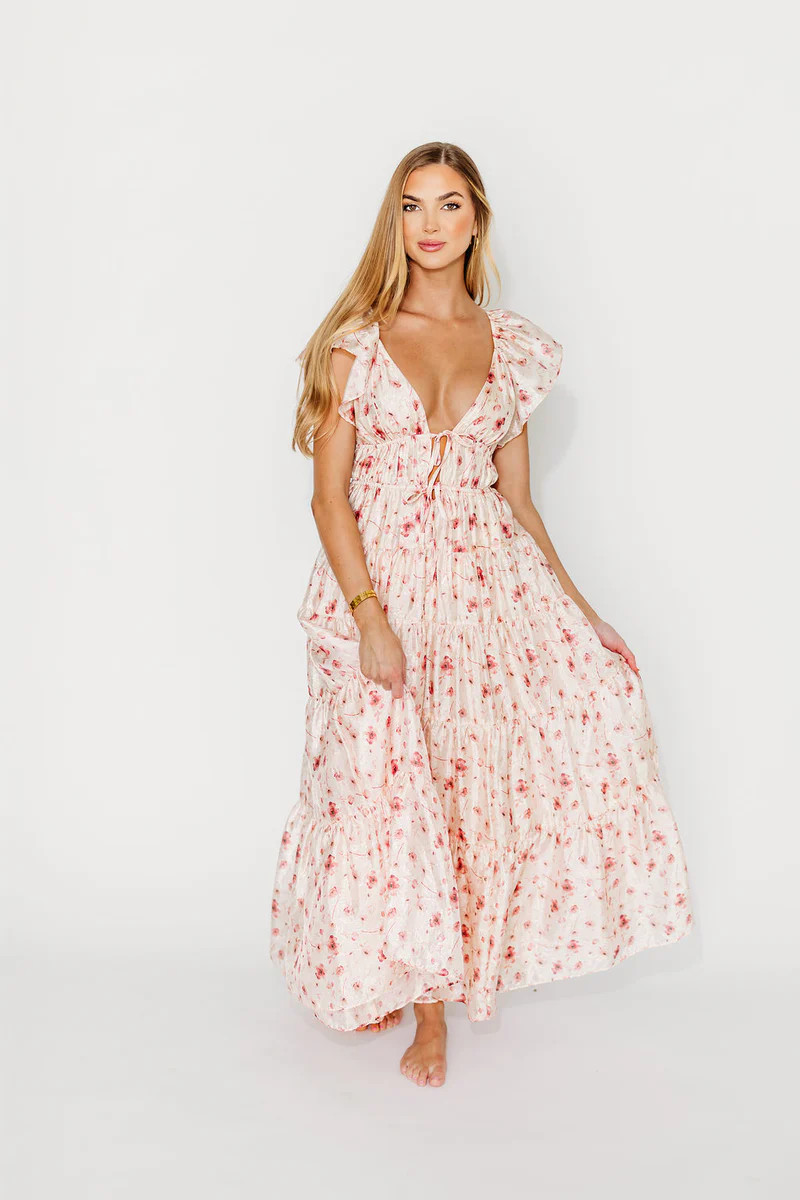 Enchanted Floral & Gingham Ruffled Maxi Dress in Pink Rose | Worth Collective