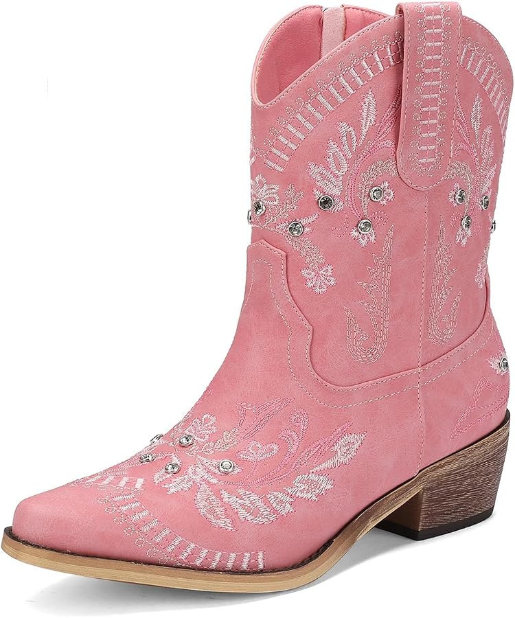 Rhinestone Ankle Cowboy Boots for Women Embroidered Short Cowgirl Boots with Low Heel Side Zipper... | Amazon (US)