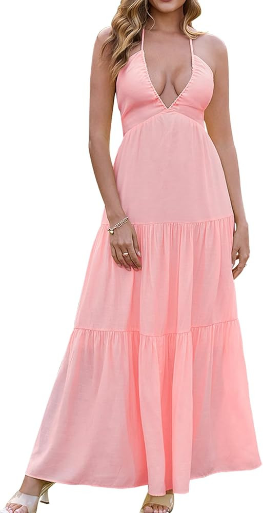 GLNEGE Summer Maxi Beach Dress Boho Halter V Neck Backless Bow Dresses Flowy Trendy Ruffle Sundre... | Amazon (US)