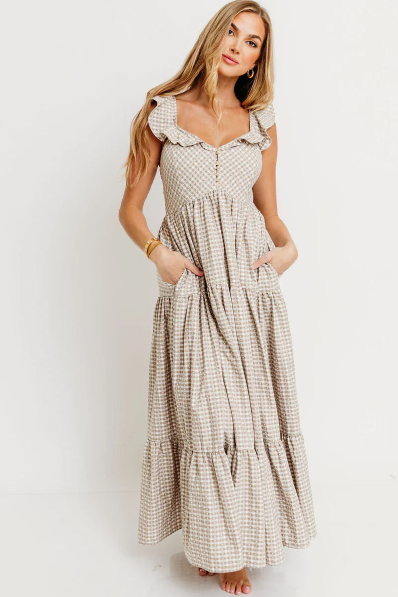 Dionne Gingham Heart Print Maxi Dress in Mocha | Worth Collective