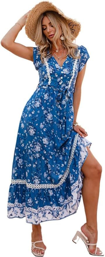 MulEtour Women's V Neck Flowy Floral Maxi Dress Boho Button Up Elastic Waist Summer Long Dress | Amazon (US)