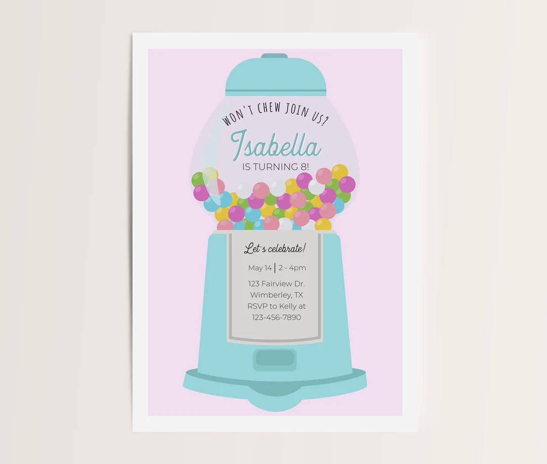 Bubblegum Birthday Invitation • Gum Ball Machine Birthday Invite • Bubblegum Birthday Party ... | Etsy (US)