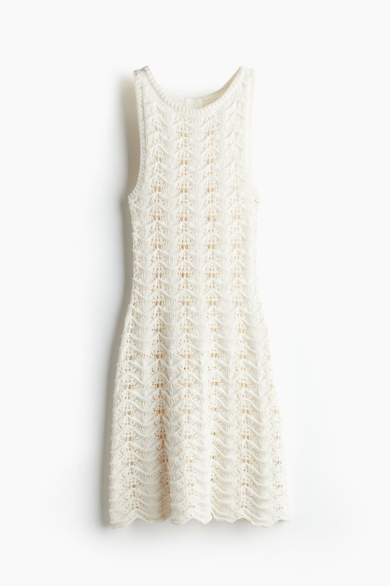 Pointelle-knit Dress - Round Neck - Sleeveless - White - Ladies | H&M US | H&M (US + CA)
