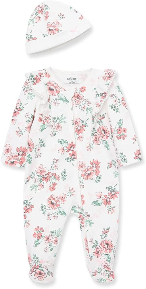 Little Me Baby Girls' 100% Cotton Scratch Free Tag 2-Piece Sleeper Footie and Cap Set | Amazon (US)