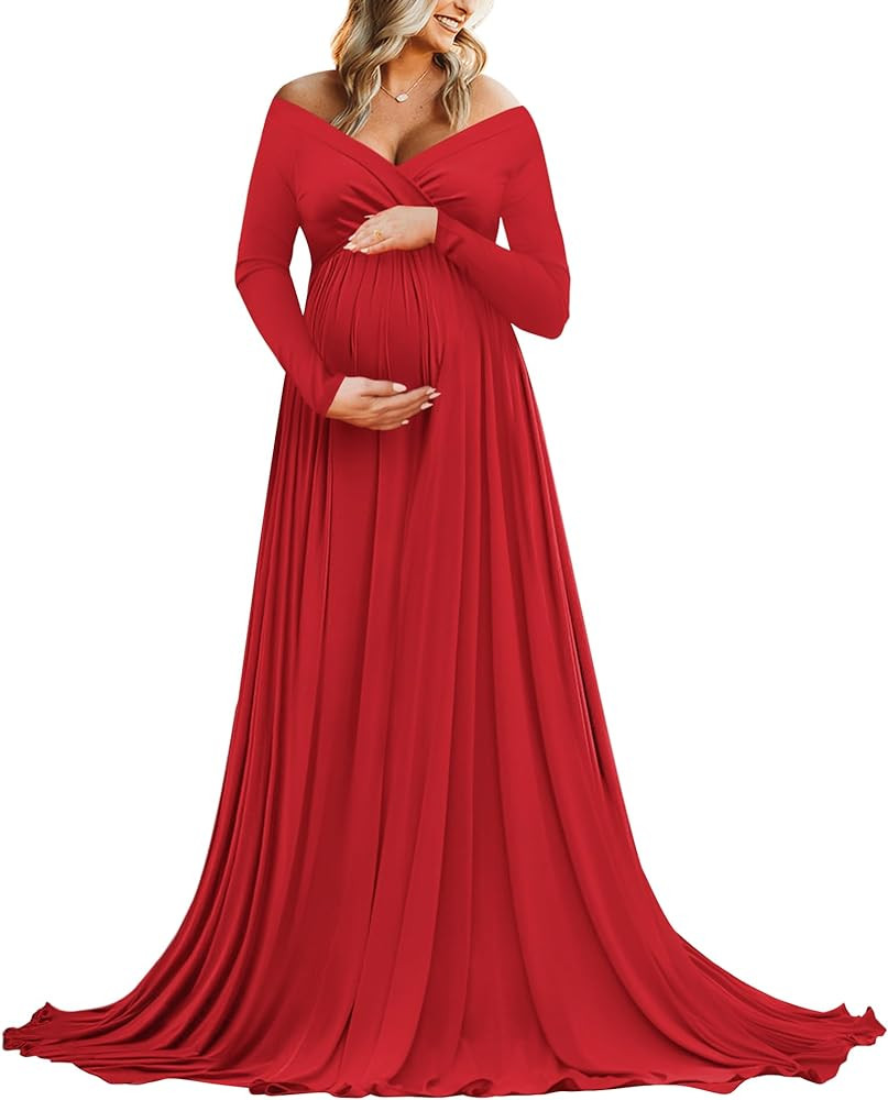 Saslax Maternity Off Shoulders Half Circle Gown for Baby Shower Photo Props Dress | Amazon (US)