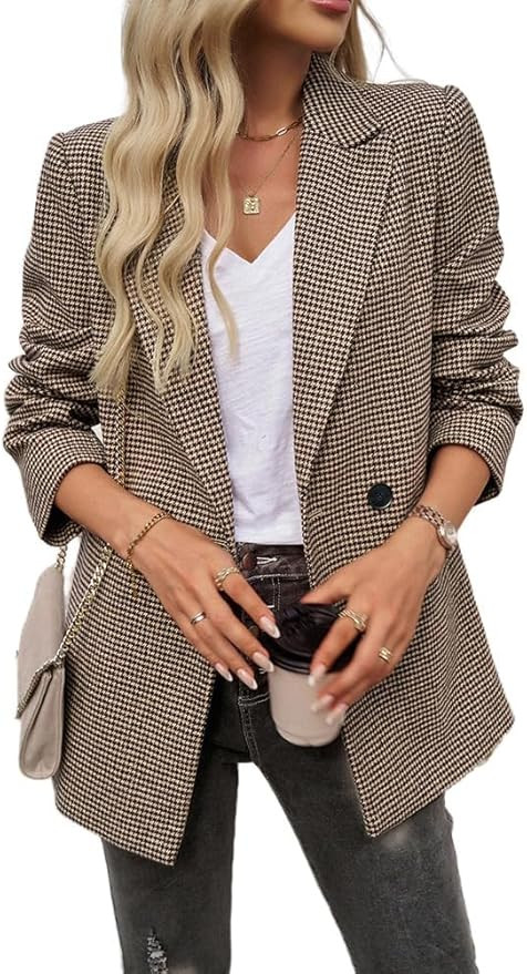 Womens Casual Blazer Open Front Long Sleeve Lapel Houndstooth Jacket Plaid Blazers Bussiness Work... | Amazon (US)