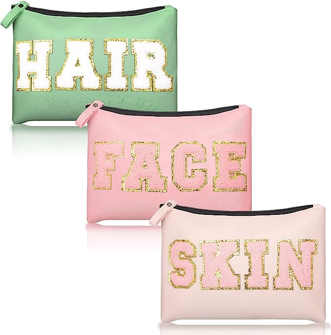 3 Pcs Patch Waterproof Toiletry Bag Preppy Makeup Bag Chenille Letters Preppy Bag PU Leather Cosm... | Amazon (US)