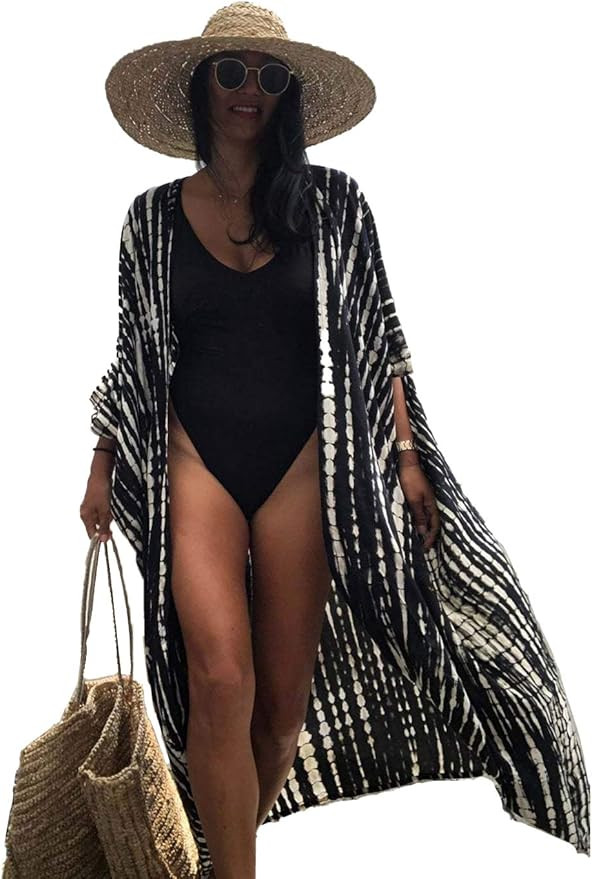 Womens Long Beach Kimono Cardigan Short Sleeve Open Front Bikini Swimsuit Cover Up Swimwear | Amazon (US)