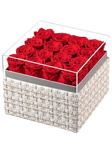 Eterfield Forever Flowers Preserved Roses Real Roses That Last Over a Year Rose Box Gifts for Her Mothers Day Valentines Day Christmas (Square Gold White Plaid Box, 16 Red Roses) | Amazon (US)
