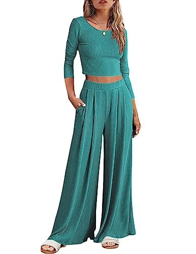 Ekouaer Lounge Sets for Women 2 Piece Pajama Set Ribbed Knit Outfits Long Sleeve Top Wide Leg Pants,Light Sea Green,XXL | Amazon (US)