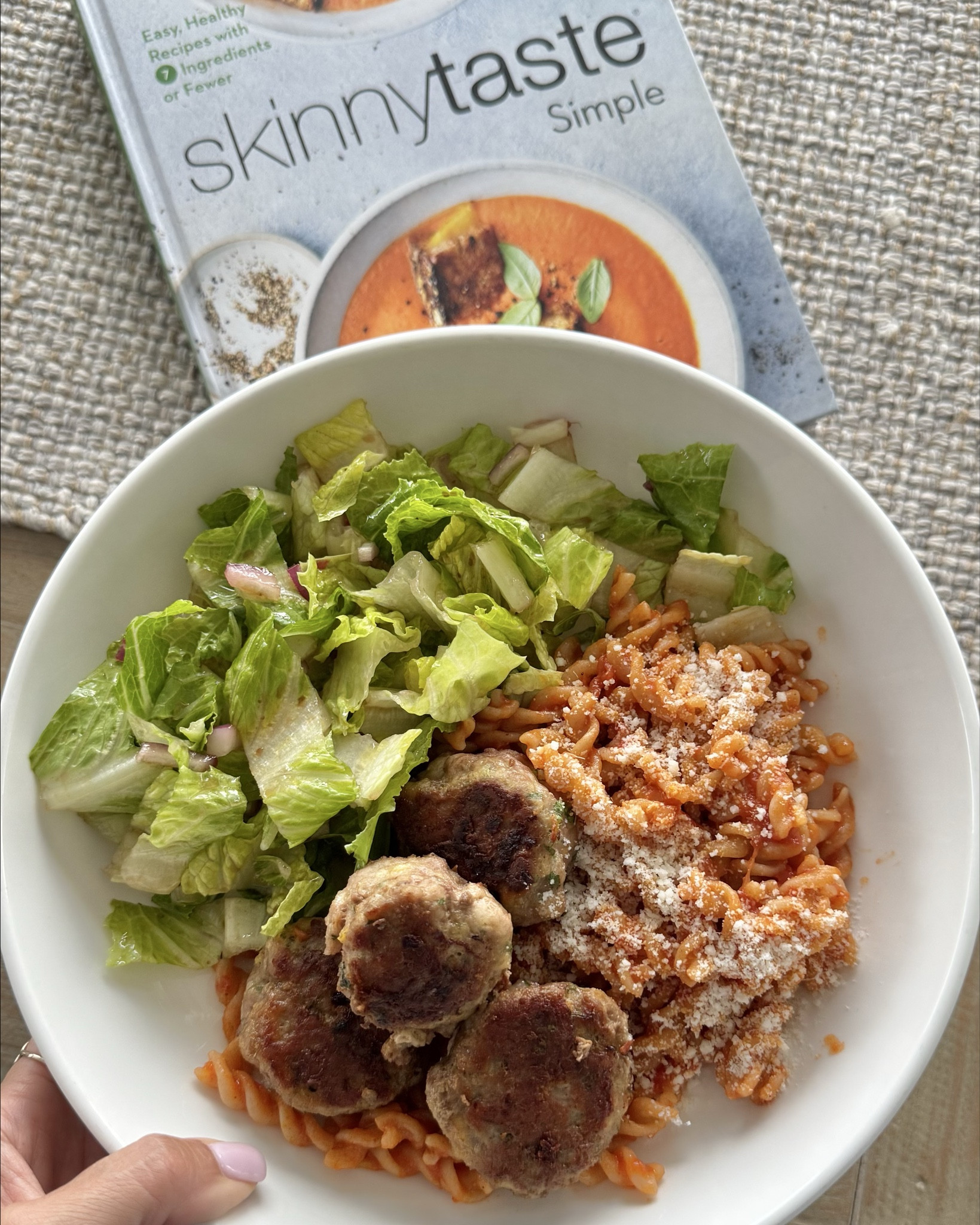Juiciest Turkey meatballs from Skinnytaste Simple. I had this with Bionaturae Sourdough Pasta and a big salad.