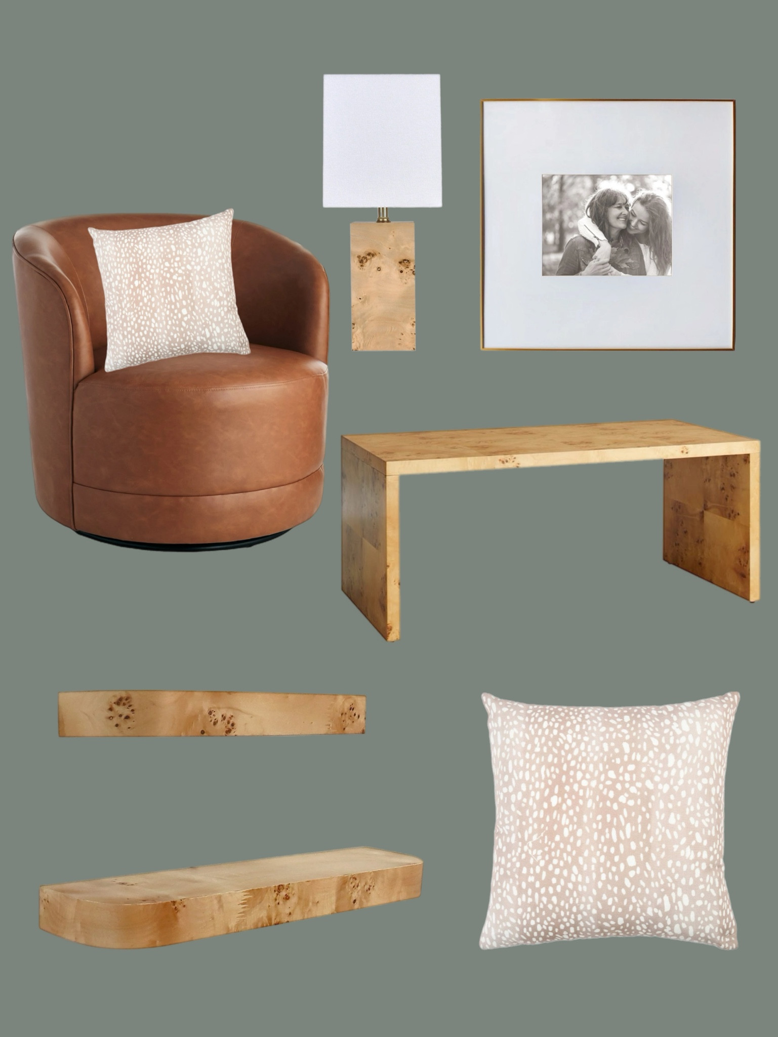 At home.m new finds. Burlwood shelves, lamp, coffee table, antelope throw pillow, leather swivel chair and large statement picture frames 

#LTKFindsUnder100 #LTKHome #LTKFindsUnder50