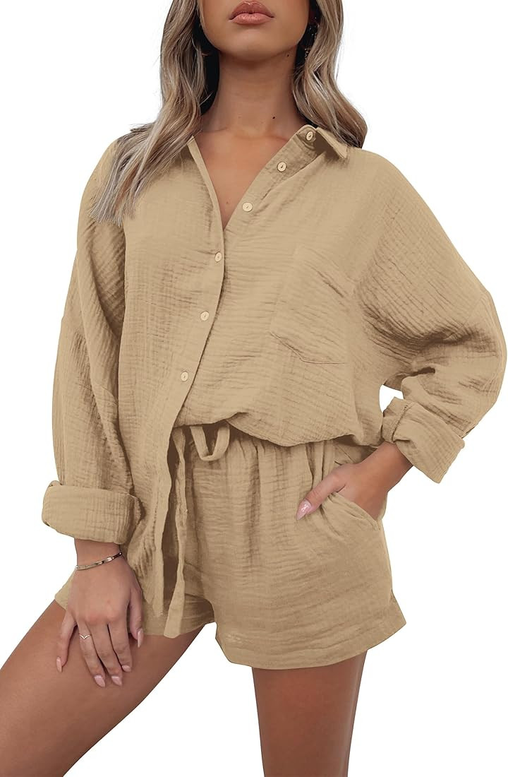 PRETTYGARDEN Women's 2 Piece Tracksuit Outfit Long Sleeve Blouse High Waisted Drawstring Shorts L... | Amazon (US)