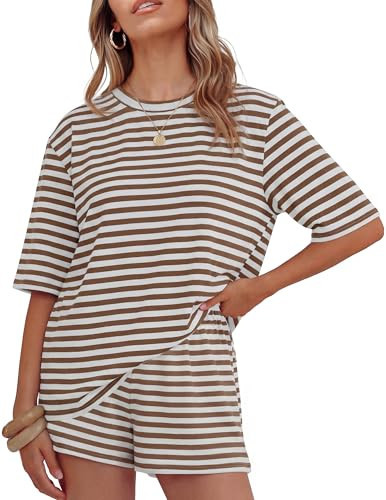 ZESICA Womens Summer 2 Piece Short Sets Striped Loose Fit Matching Lounge Airport Travel Workout Beach Vacation Outfits, Brown, XL | Amazon (US)