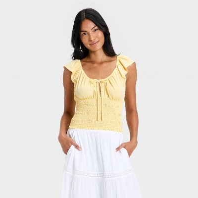 Women's Flutter Short Sleeve Smocked Knit Scoop Blouse - Universal Thread™ Yellow XL | Target