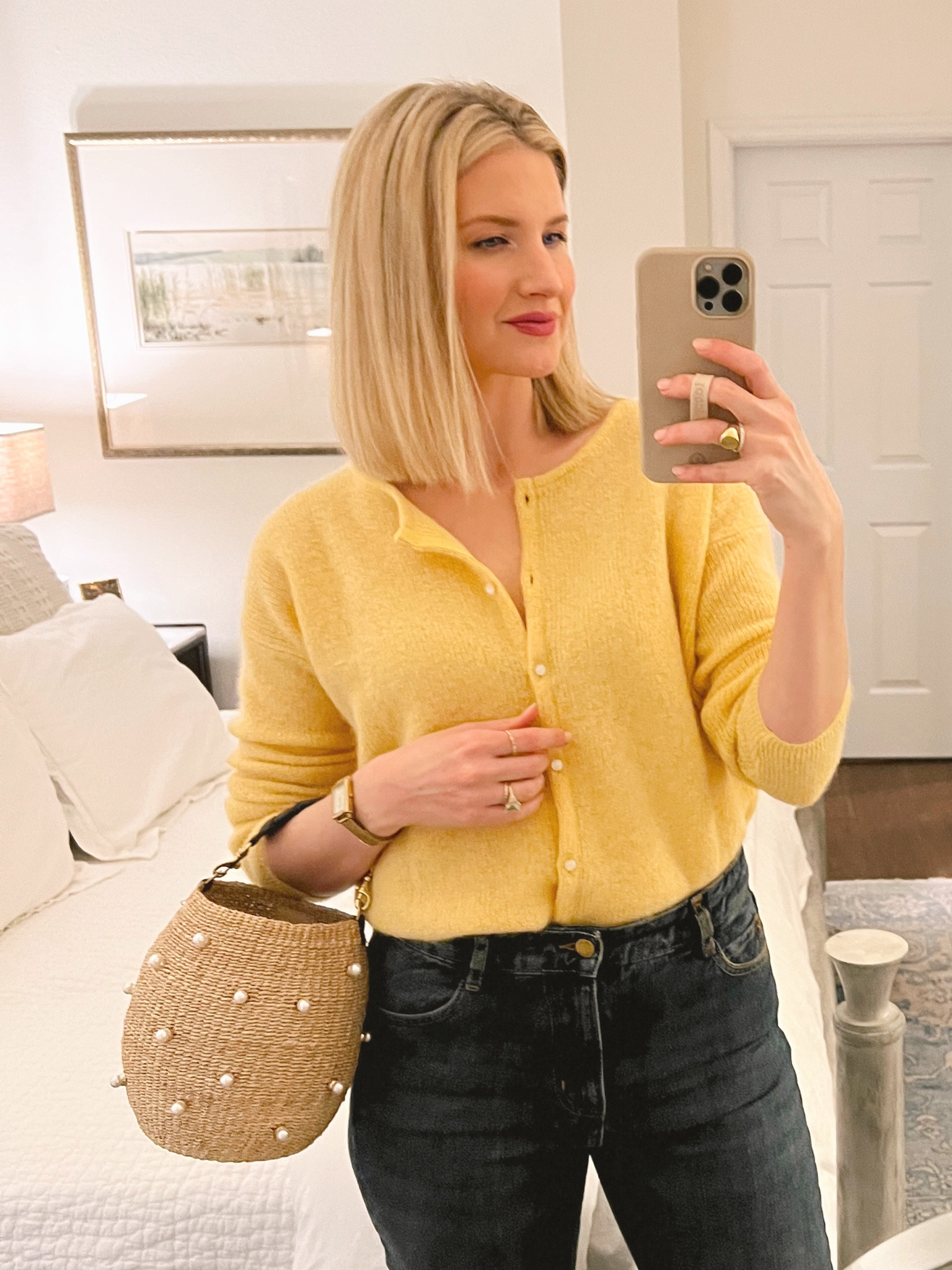 Yellow cardigan, wear a size small. Denim trousers, size up. Gold statement earrings and shoes. Pearl handbag #tuckernuck #sezane 

#LTKSeasonal #LTKstyletip #LTKFind