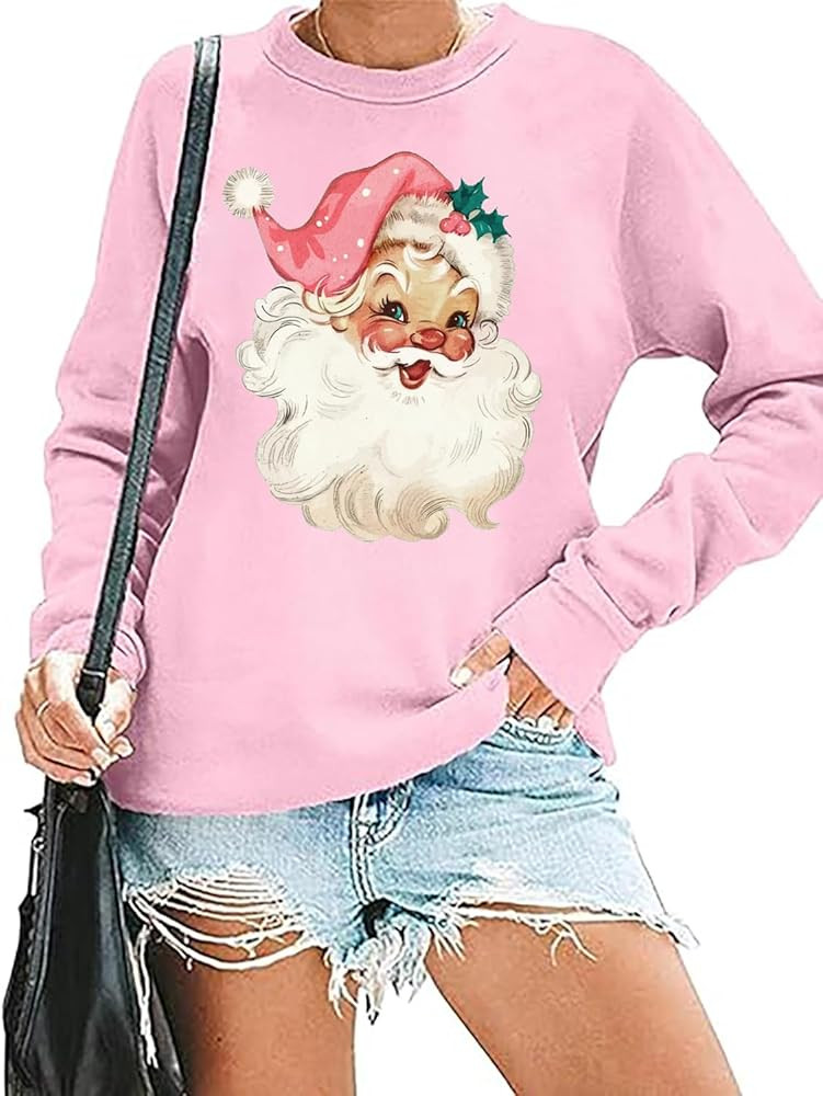 RFBIQI Pink Santa Christmas Sweatshirt for Women Retro Santa Claus Graphic Shirts Funny Xmas Gift... | Amazon (US)