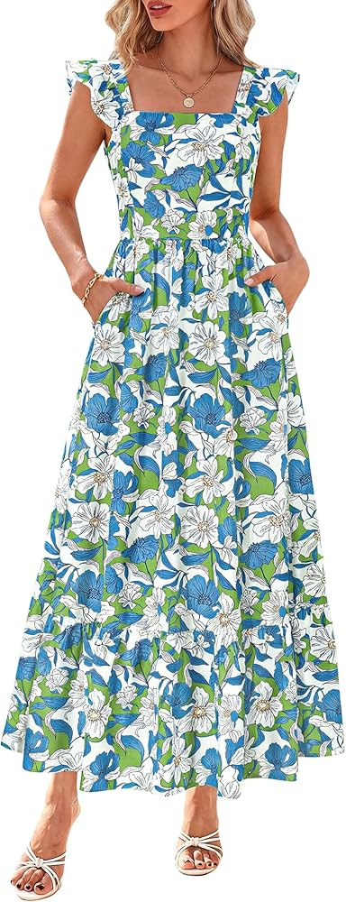 dowerme Womens Summer Dresses 2026 Ruffle Sleeve Square Neck Floral Boho Midi Dress Spring Smocke... | Amazon (US)