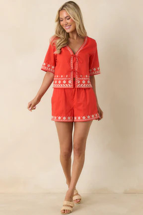 Z Supply Cast of Waves Poppy Red Cotton Embroidered Cropped Top | Red Dress