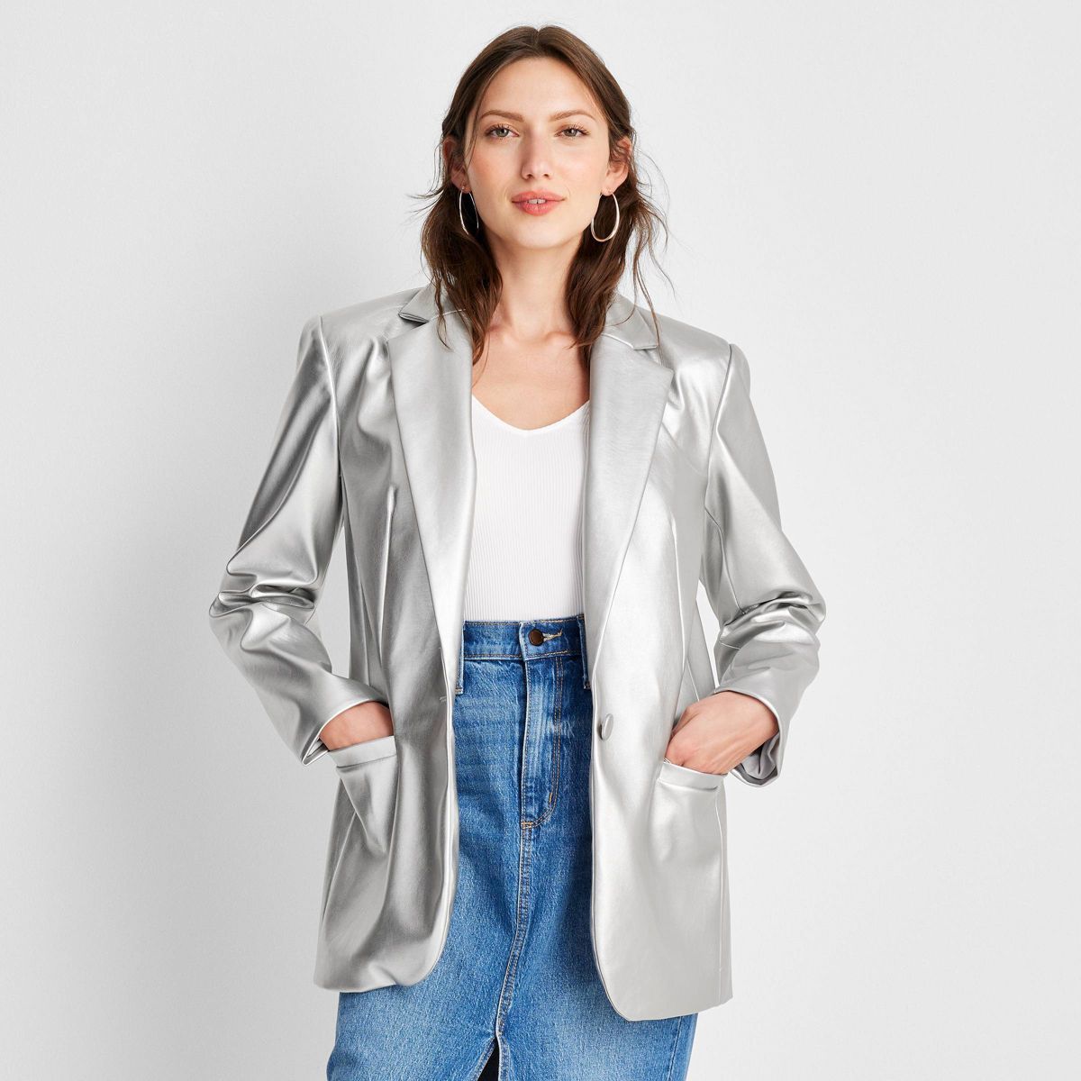 Women's Relaxed Fit Faux Leather Blazer - A New Day™ Silver XS | Target