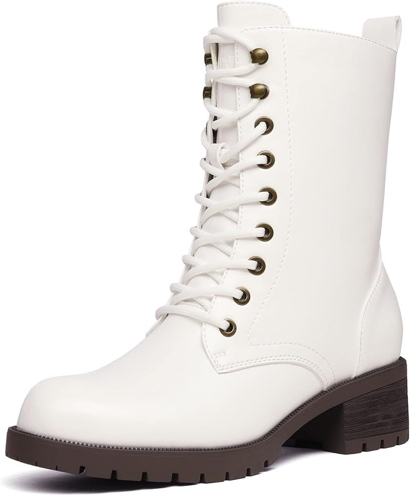 DREAM PAIRS Black Lace-up Combat Boots Mid-calf Military Winter Boot for Women | Amazon (US)