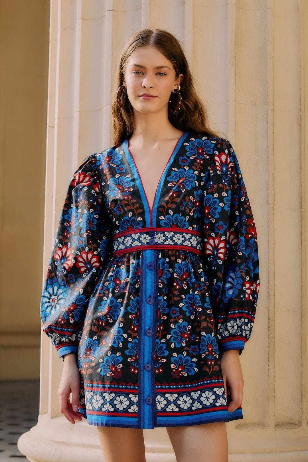 Black Latina Scarf Puff Sleeve Organic Cotton Mini Dress | FARM Rio | FarmRio (US)