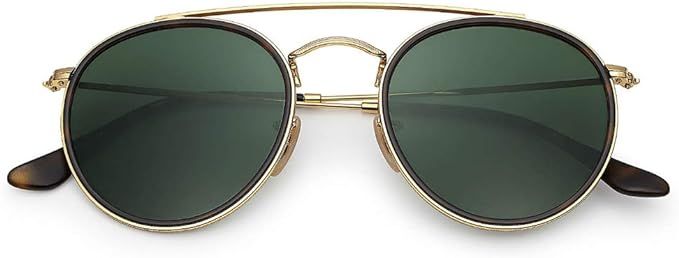 Bolo.ban round double bridge sunglasses for women men crystal glass lens mirrored glasses 100% UV... | Amazon (US)