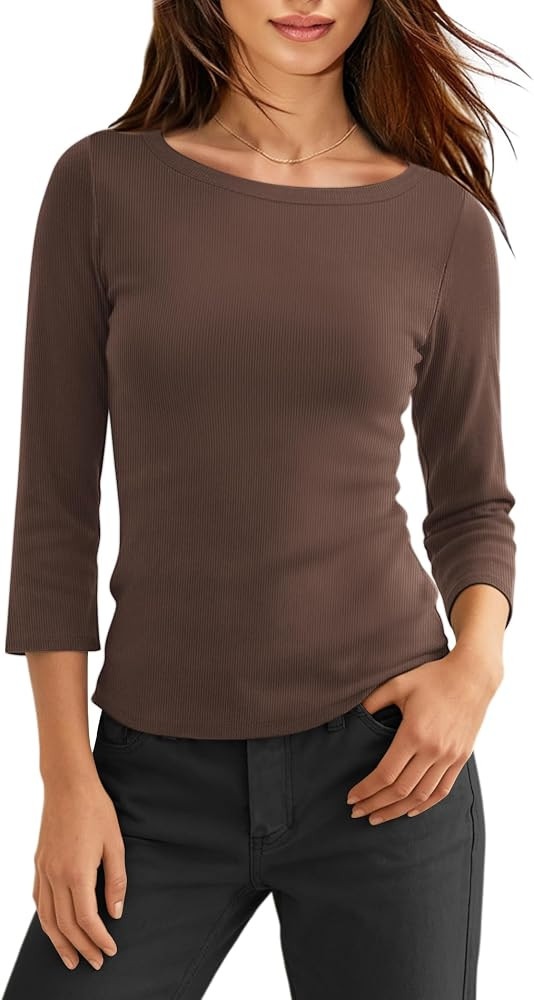 LAMISSCHE Boat Neck Tops for Women 3/4 Sleeve Tops Ribbed Fall Shirts | Amazon (US)