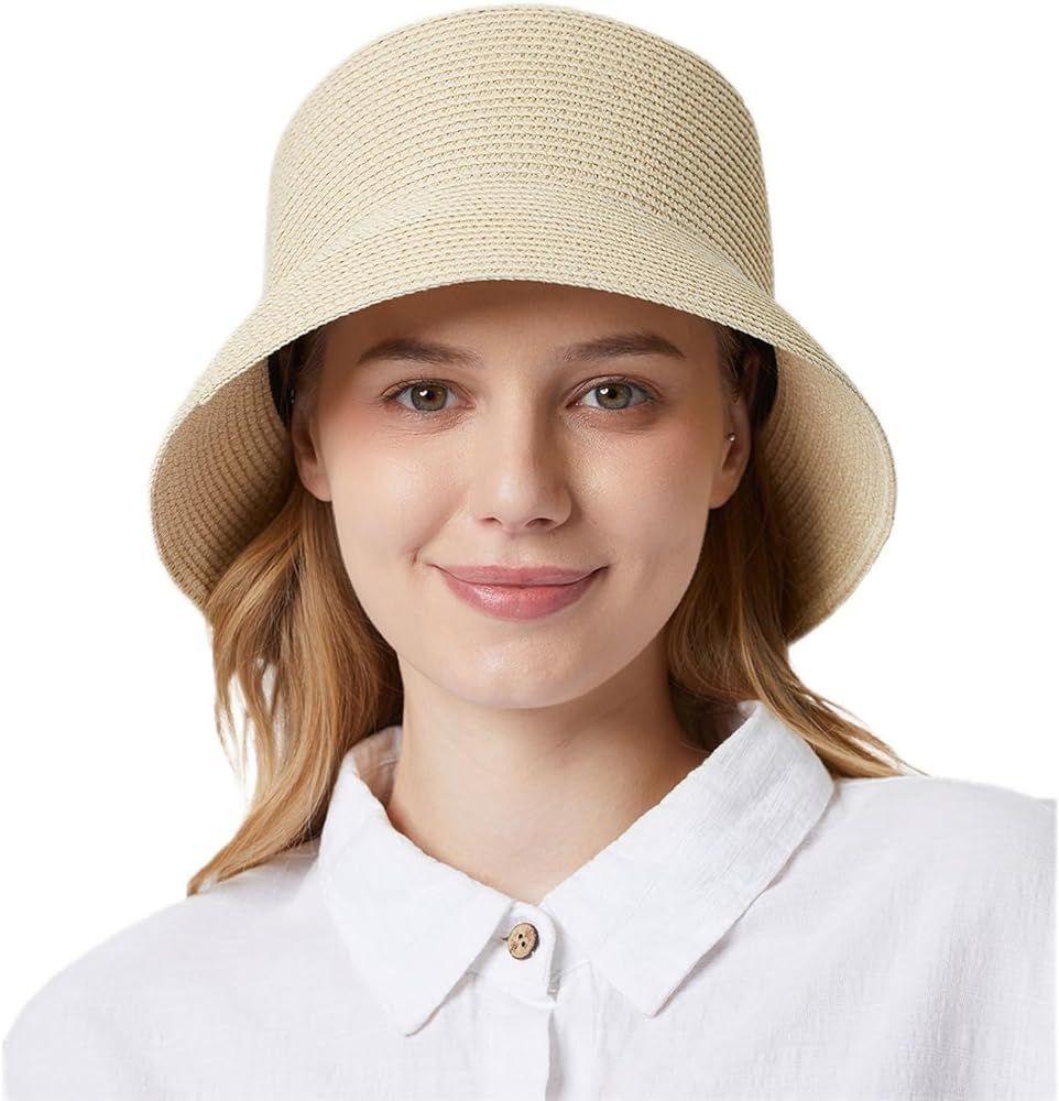 Women's Straw Bucket Hat Beach Hat Foldable Summer Travel Sun Caps Outdoor Fisherman Hat | Amazon (US)