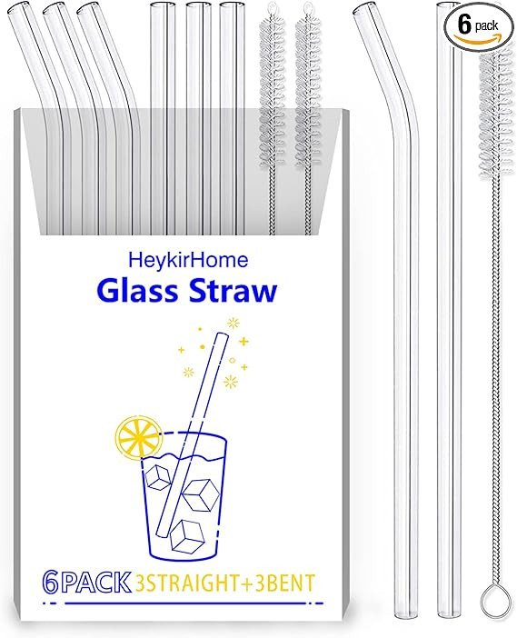 6-Pack Reusable Glass Straw-Transparent,Size 8''x10 MM,Including 3 Straight and 3 Bent with 2 Cle... | Amazon (US)