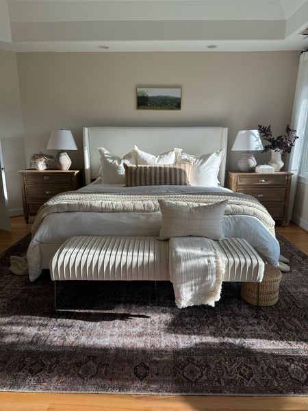 Bedroom views! Our bedroom rug is on sale now! It’s one of my favorite moody rugs out there, and it’s super affordable. It works so well with our neutral, organic bedding. 

#bedroom #nightstands #bed #wayfair #wayfairfinds #loloirugs #bedding 

#LTKhome #LTKsalealert